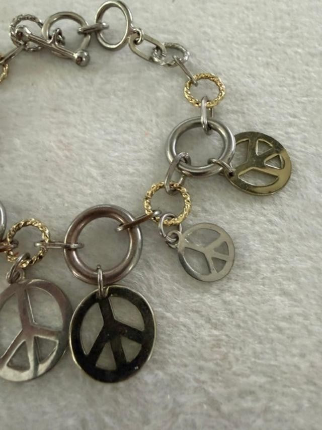 Mixed Metal Peace Sign Charm Bracelet 9" Boho Hippie Link Chain