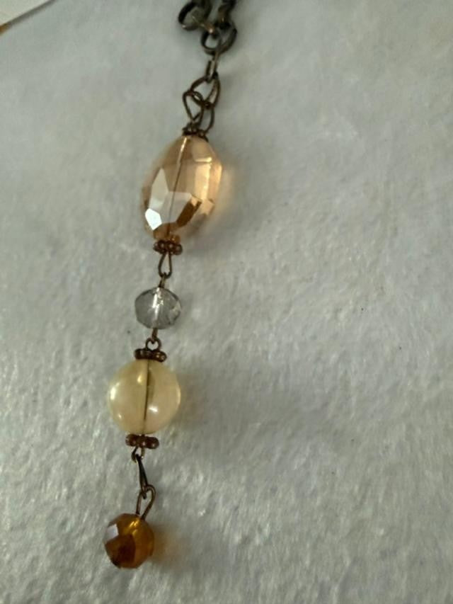 Vintage Style Bronze Tone Y Drop Necklace Champagne Amber Beads 22"