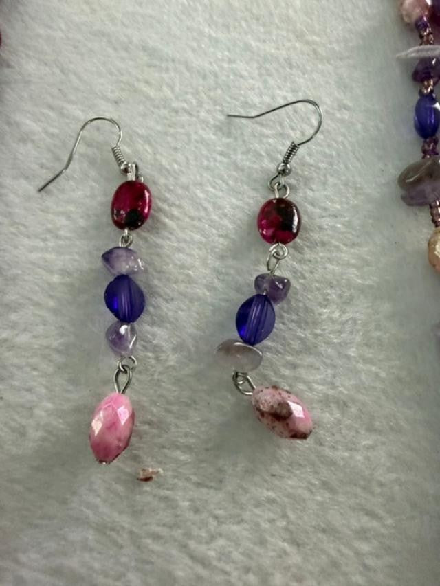 Multi Strand Boho Beaded Necklace Matching Earrings Purple Pink Set 30 inch