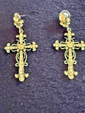 Gold Tone Rhinestone Cross Dangle Earrings 2.5" Ornate Statement Pierced