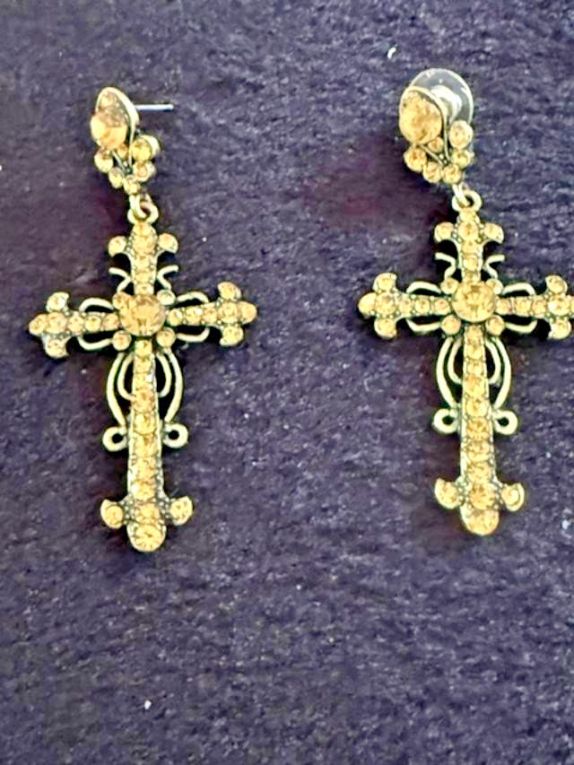 Gold Tone Rhinestone Cross Dangle Earrings 2.5" Ornate Statement Pierced