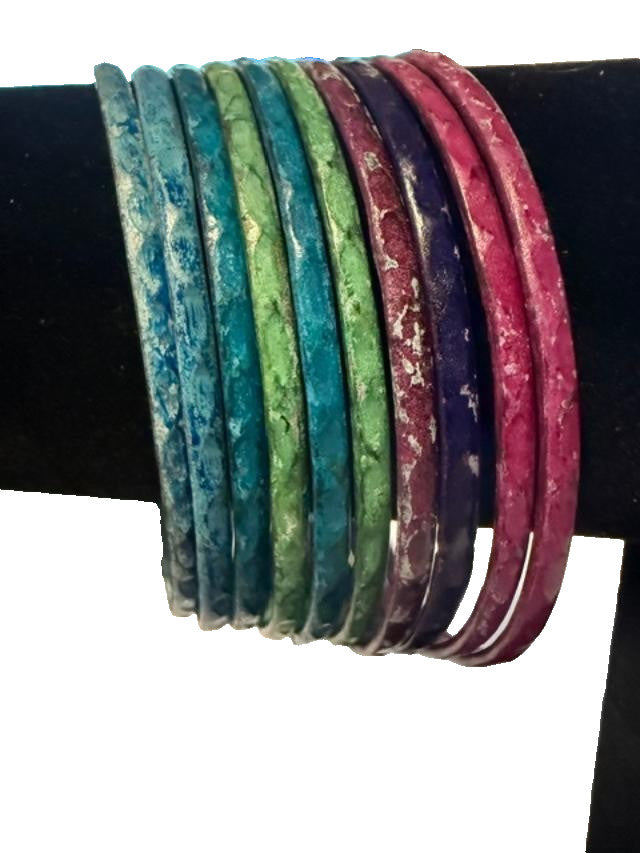 Set of 10 Multicolor Distressed Metal Bangle Bracelets Boho Stackable