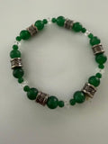 Green Beaded Stretch Bracelet Silver Tone Barrel Spacers Clear Accents