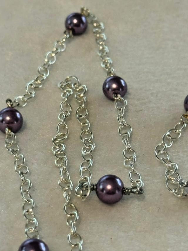 Long Silver Tone Purple Faux Pearl Station Necklace 40 Inch