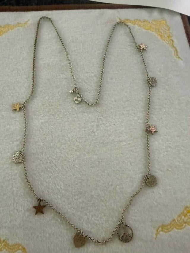 AEO American Eagle Silver Tone Charm Necklace 27" Peace Sign Heart Star