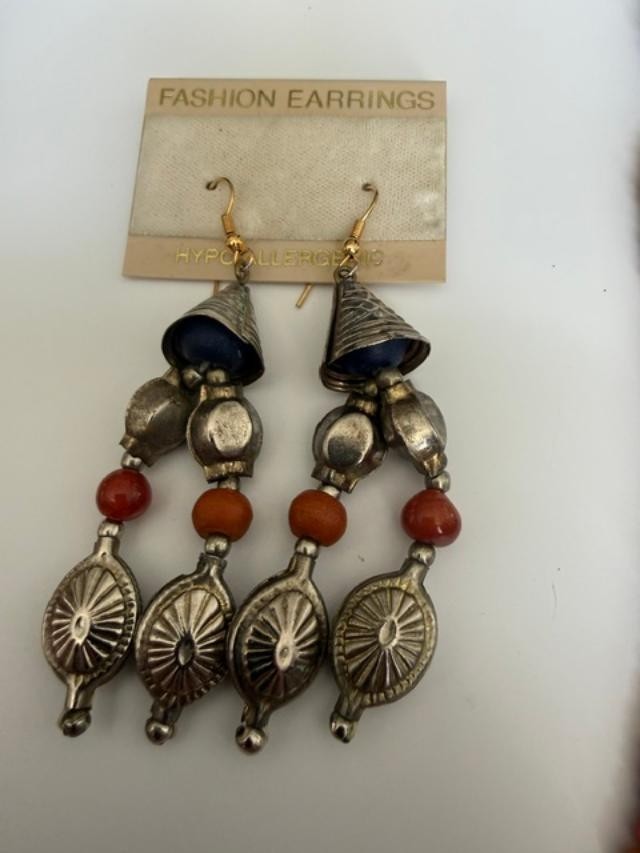 Boho Tribal Bead Necklace Earrings Set Orange Red Brass Tone Dangles