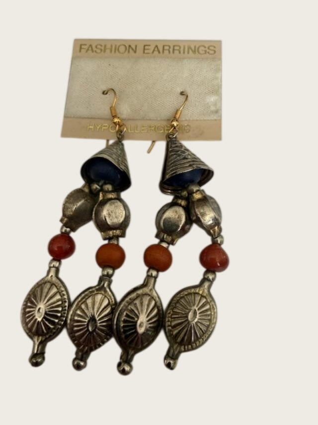 Boho Tribal Bead Necklace Earrings Set Orange Red Brass Tone Dangles