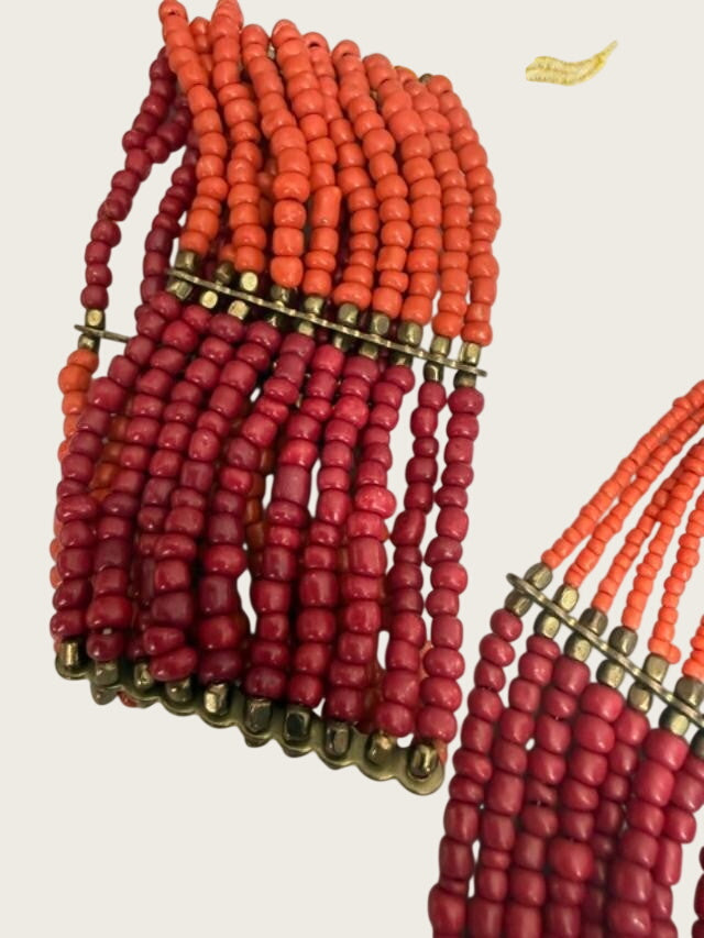 Original Vintage African Ethnic Necklace - Orange - Metal - Maroon - Bohemian
