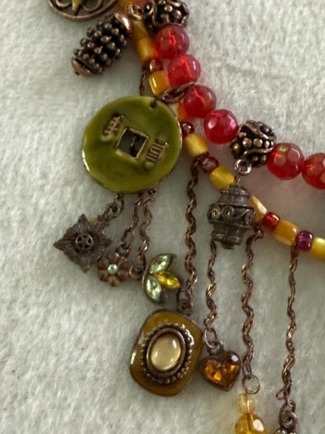 Ethel & Myrtle Boho Charm Necklace Red Bead Copper Tone Statement 15”