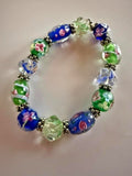 Wedding Cake Lampwork Glass Stretch Bracelet Blue Green Floral Beads