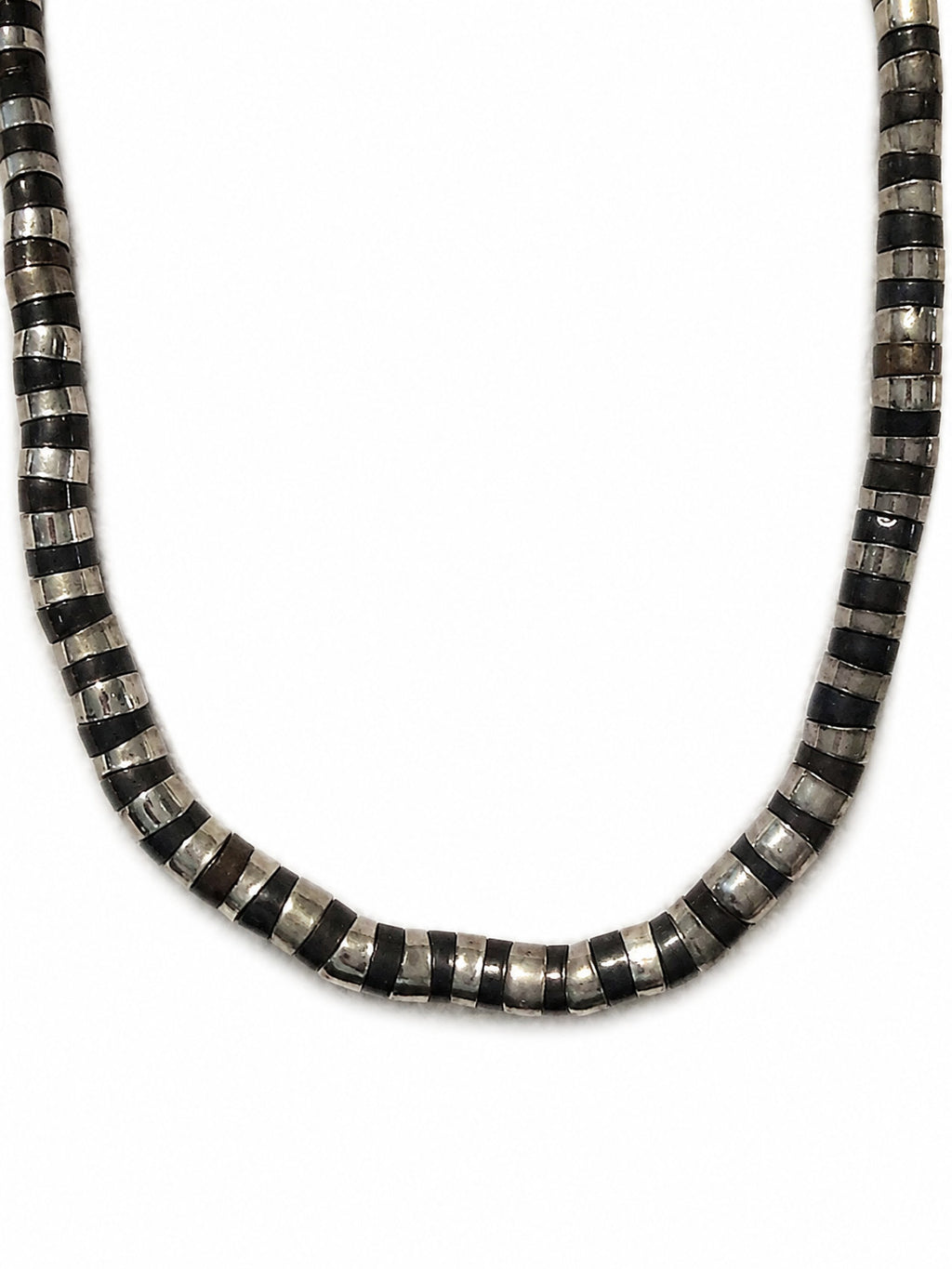 Vintage Hematite Heishi Bead Necklace 30" Gunmetal Silver Tone Boho