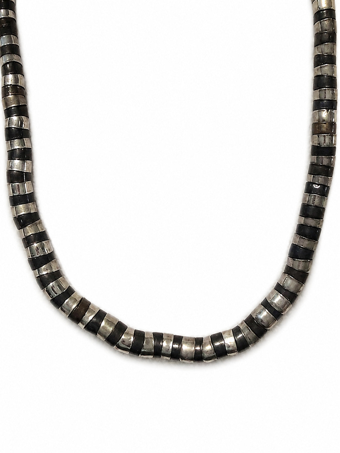 Vintage Hematite Heishi Bead Necklace 30" Gunmetal Silver Tone Boho
