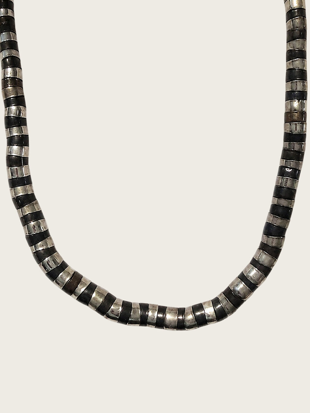 Vintage Hematite Heishi Bead Necklace 30" Gunmetal Silver Tone Boho