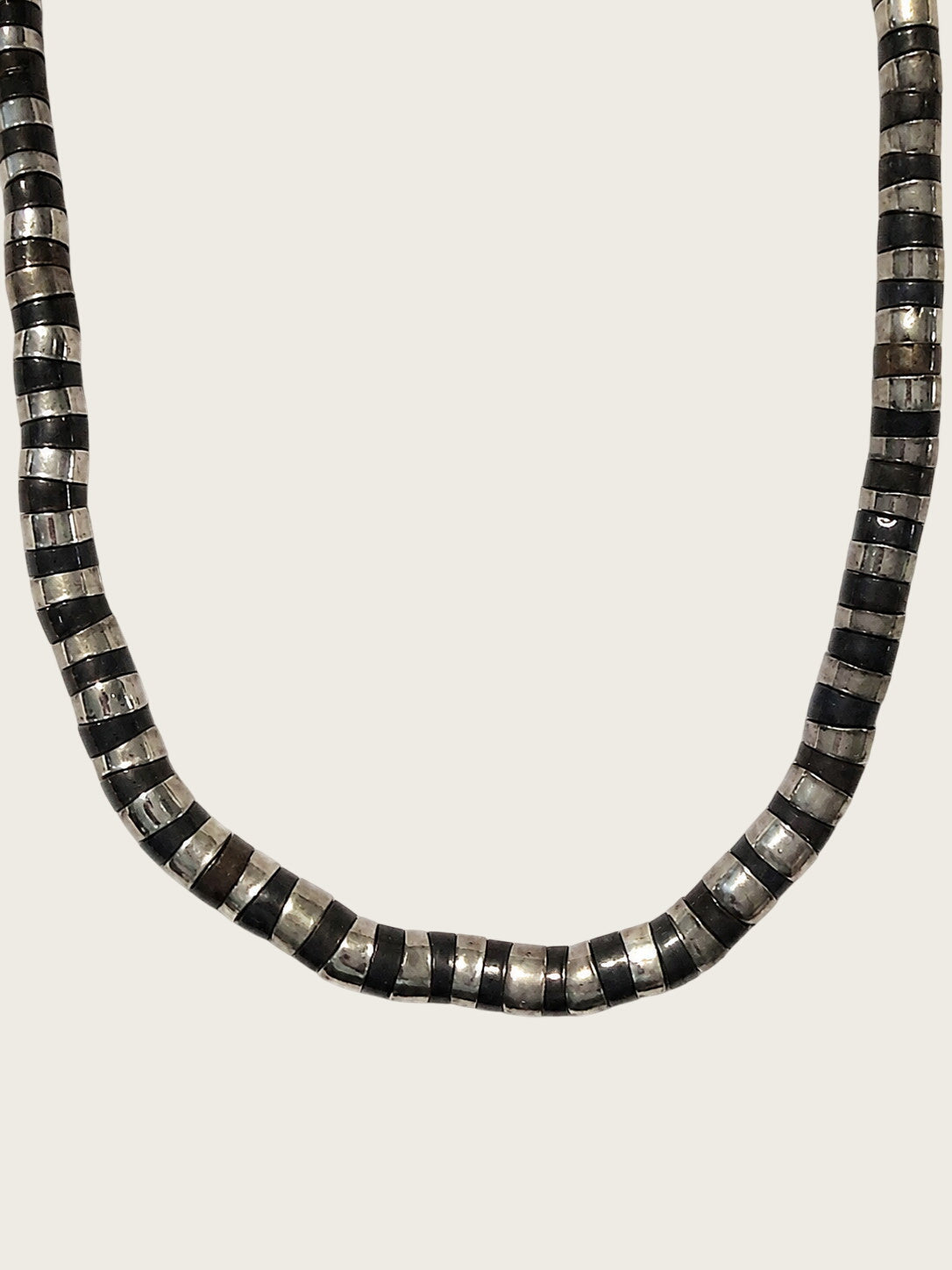 Vintage Hematite Heishi Bead Necklace 30" Gunmetal Silver Tone Boho