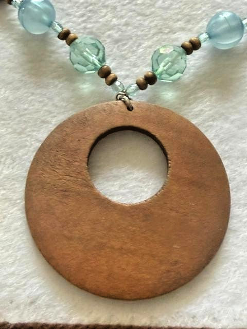 Boho Wood Donut Pendant Beaded Necklace Aqua Brown Glass Beads 20"