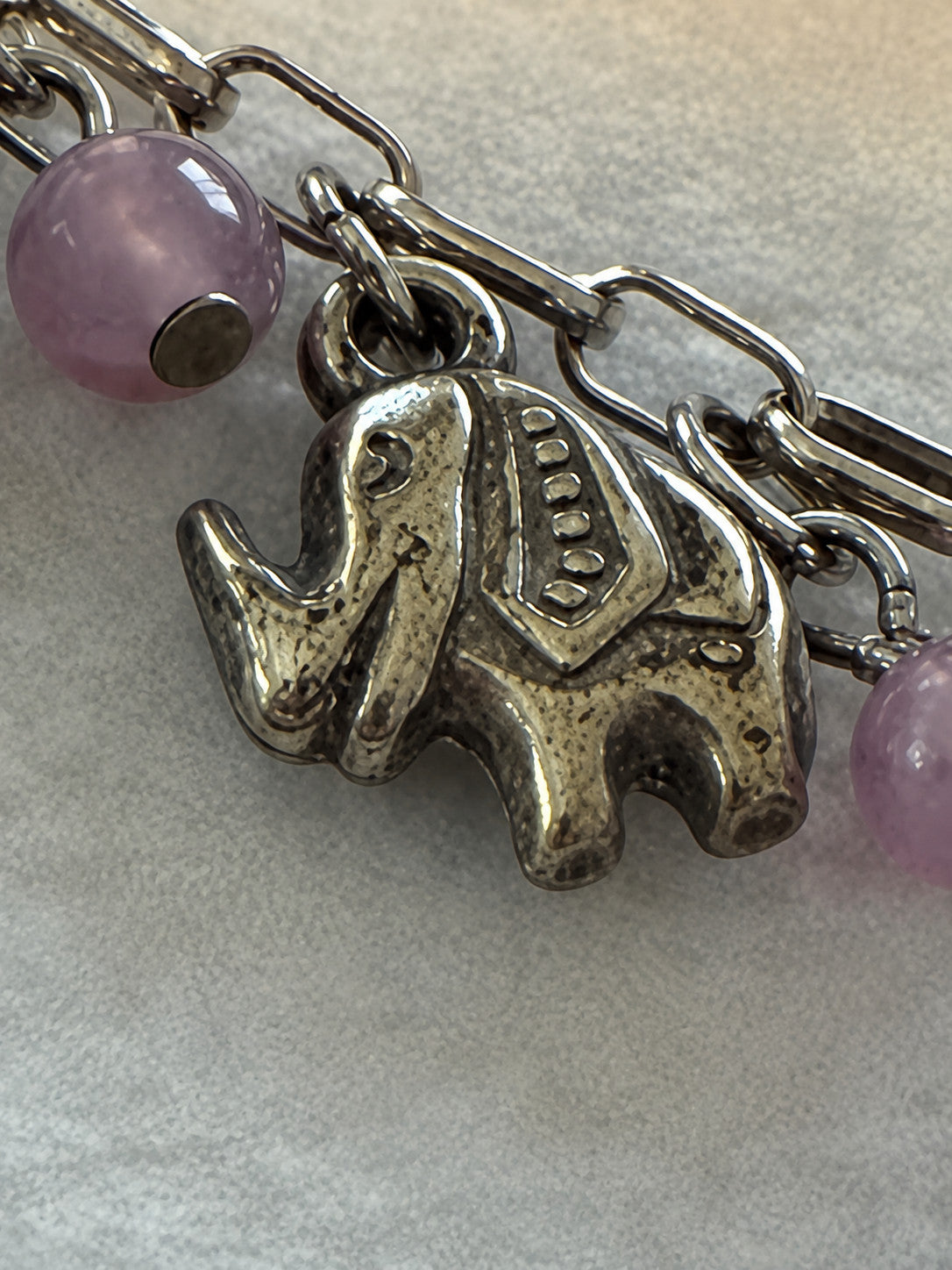 Purple Bead Owl Elephant Charm Multi Strand Necklace 18 Inch Silver Tone