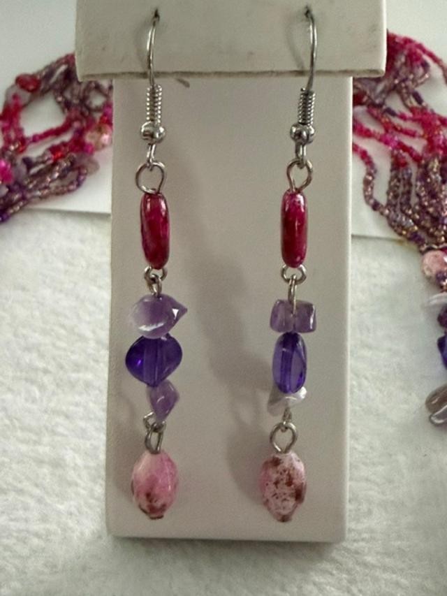 Multi Strand Boho Beaded Necklace Matching Earrings Purple Pink Set 30 inch