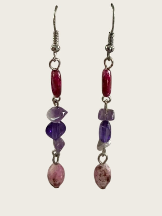 Multi Strand Boho Beaded Necklace Matching Earrings Purple Pink Set 30 inch