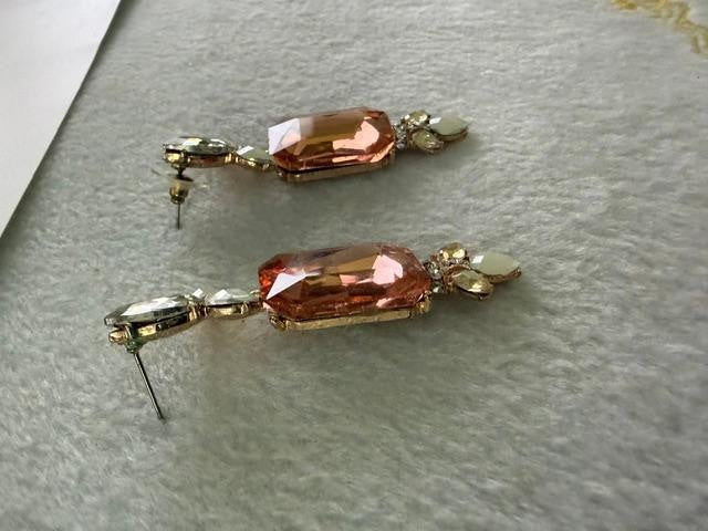 Peach Champagne Rhinestone Statement Drop Earrings Gold Tone 2.5"