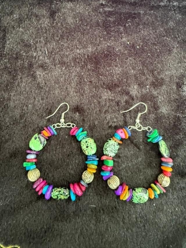 Multicolor Beaded Hoop Dangle Earrings Silver Tone Boho Pierced Statement