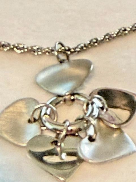 Silver Tone Five Heart Cluster Pendant Rope Chain Necklace 30 Inch