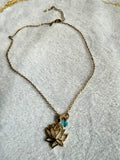 Avon Gold Tone Openwork Lotus Flower Pendant Necklace Blue Bead NWT 20"