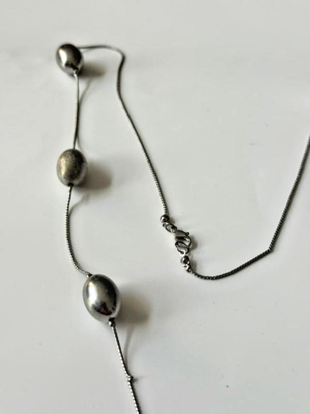 28” Oxidized Silver Tone Oval Bead Station Snake Chain Necklace