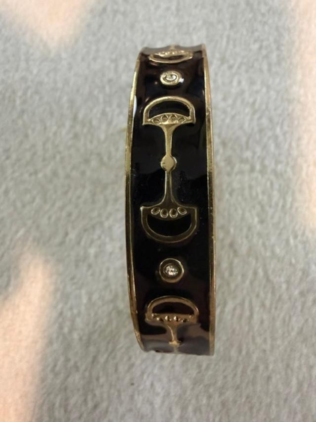Vintage Black Enamel Rhinestone Hinged Bangle Bracelet Gold Tone Art Deco Style
