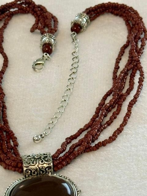 Vintage Brown Seed Bead Multi Strand Glass Cabochon Pendant Necklace 17"