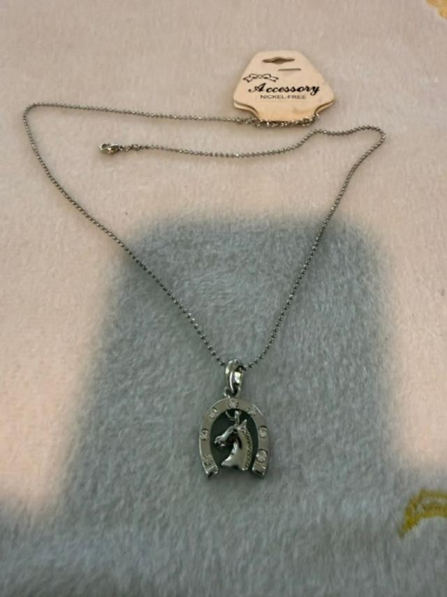 Vintage Equestrian Charm Necklace Silver Tone Horse & Horseshoe - 18 Inch