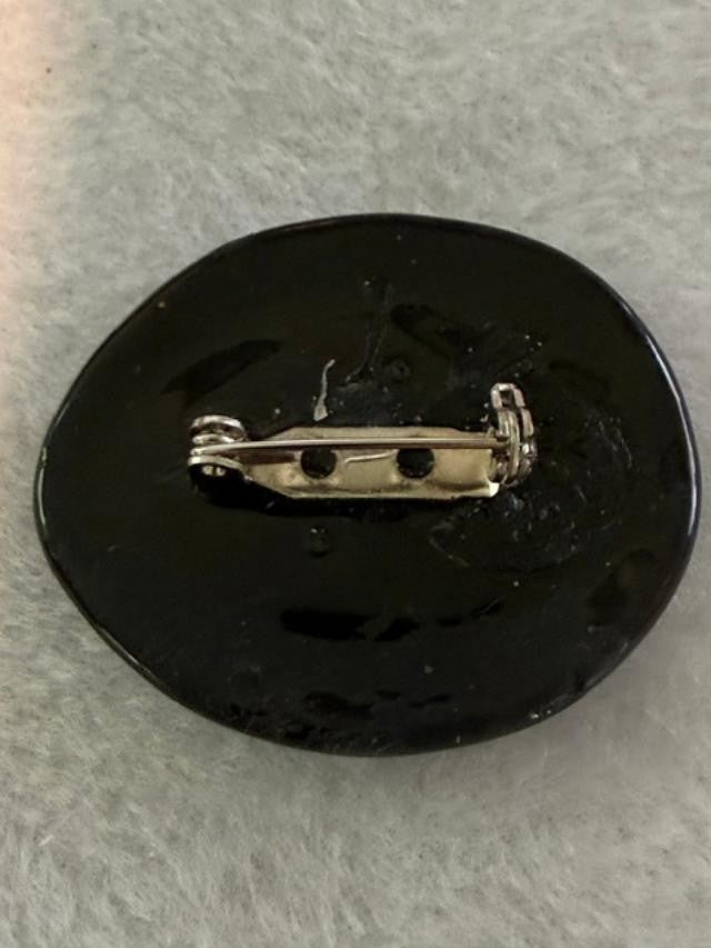 handmade OOAK black fused-glass brooch with small clear rhinestone