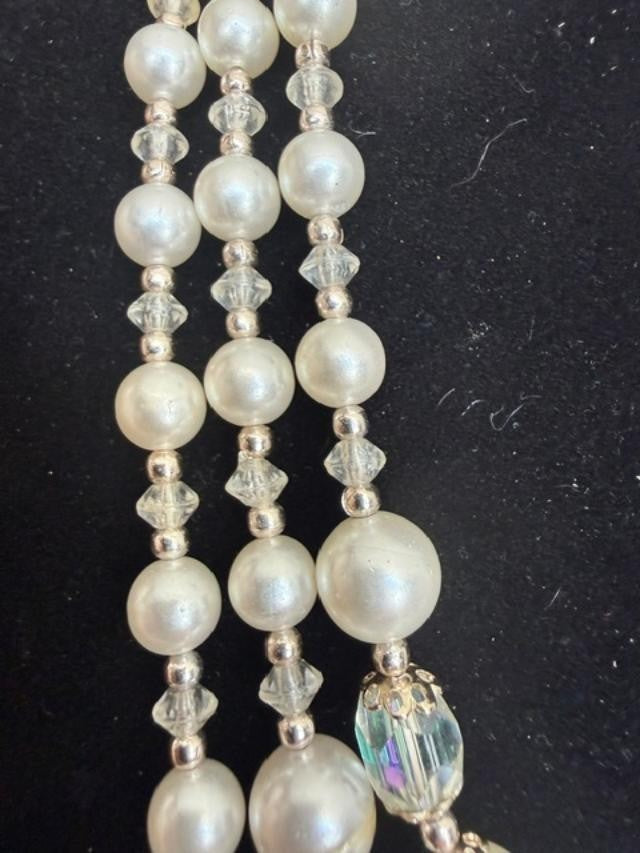 Vintage 3 Strand Beaded Necklace Clear Aurora Borealis Beads Faux White Pearls