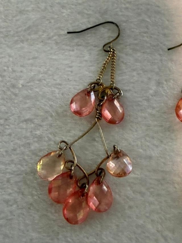 Pink Faceted Teardrop Bead Chandelier Earrings Antiqued Gold Tone Pierced