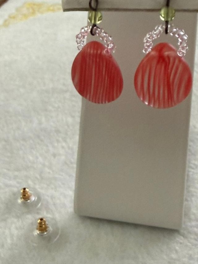Vintage Pink Striped Art Glass Dangle Earrings Green Glass Accents 1" Pierced