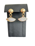 Vintage Gold Tone MOP Look Fan Dangle Pierced Earrings Pink Rhinestone