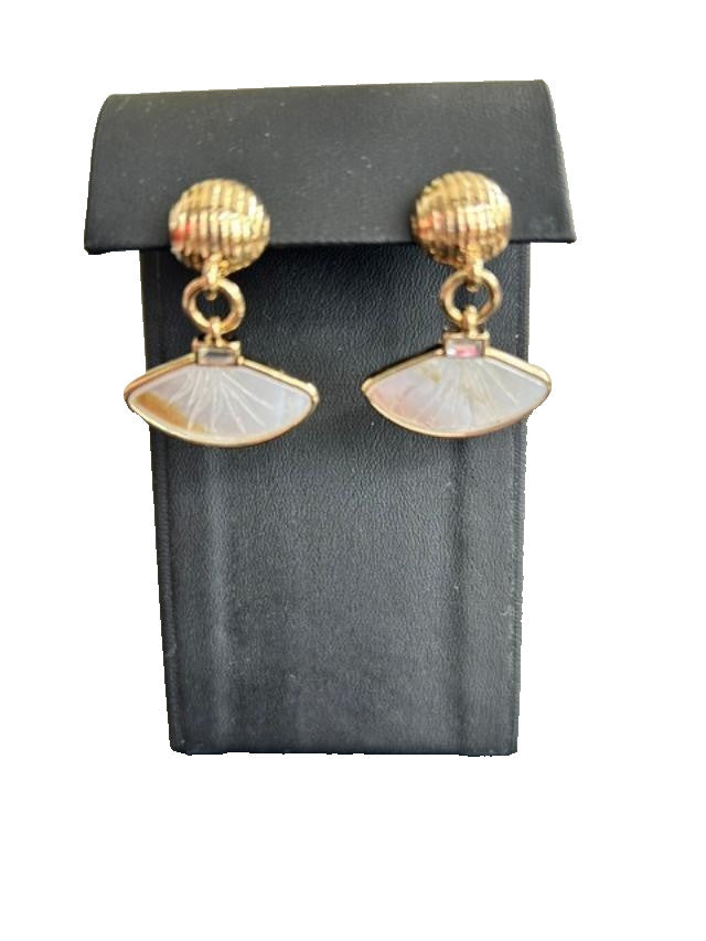 Vintage Gold Tone MOP Look Fan Dangle Pierced Earrings Pink Rhinestone