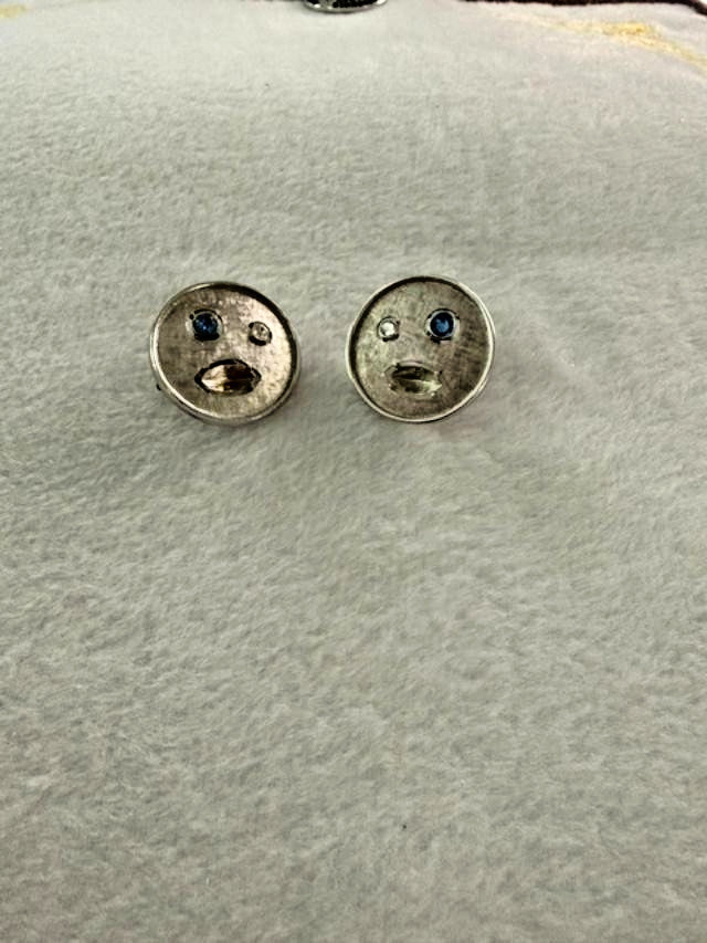 Vintage Sarah Coventry Abstract Face Rhinestone Clip On Earrings Silver Tone