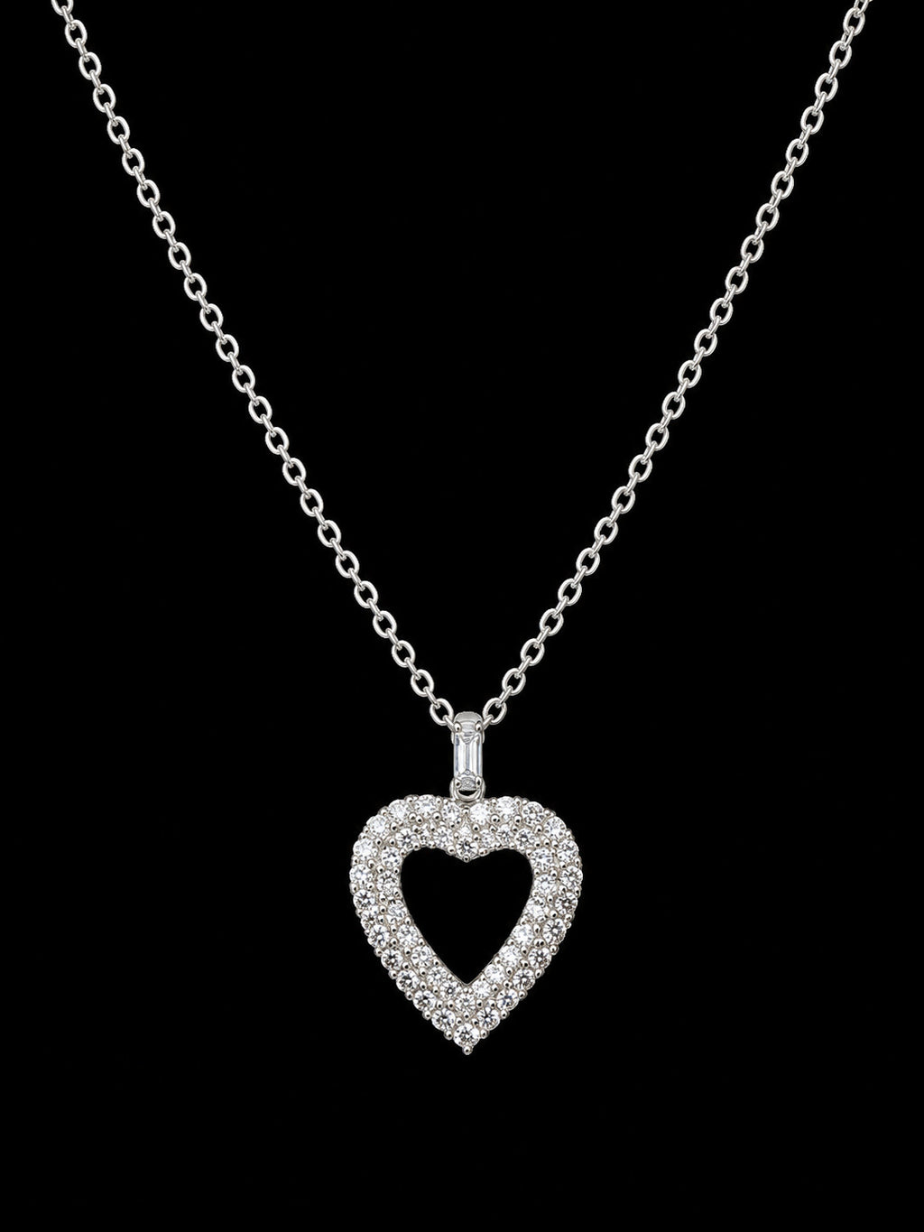 Romantic Clear Rhinestone Floating Open Heart Pendant Silver Tone Chain Necklace