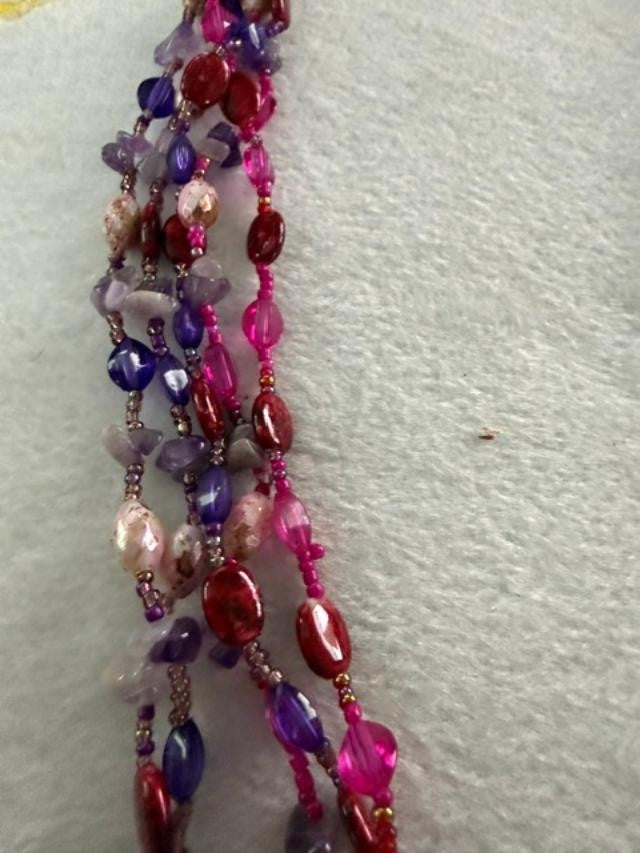 Multi Strand Boho Beaded Necklace Matching Earrings Purple Pink Set 30 inch