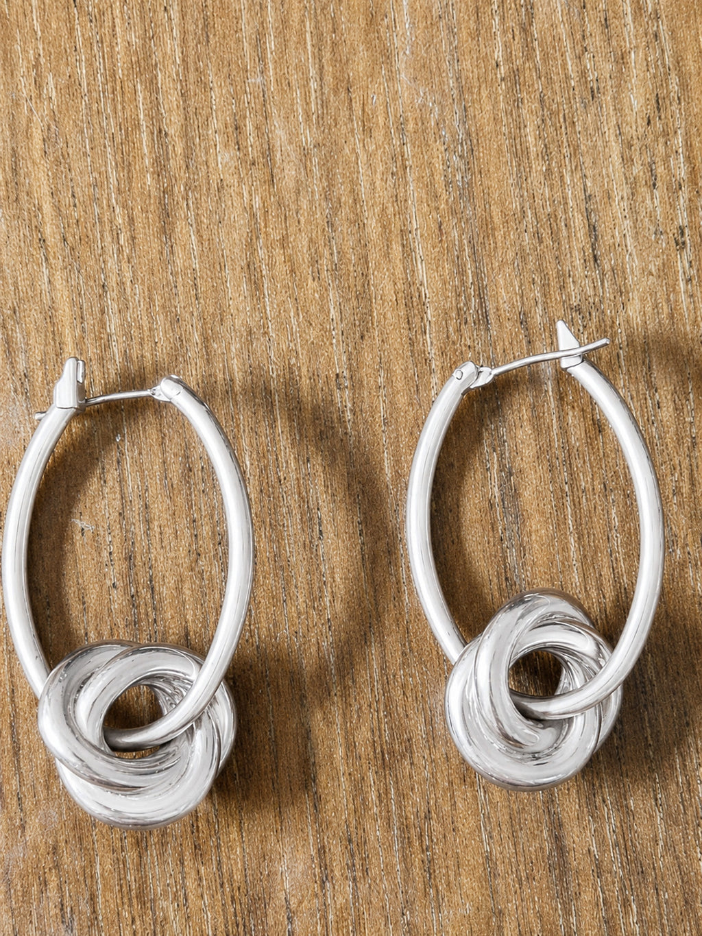 Silver-Tone Oval Hoop Earrings Interlocking Love Knot Charm Pierced