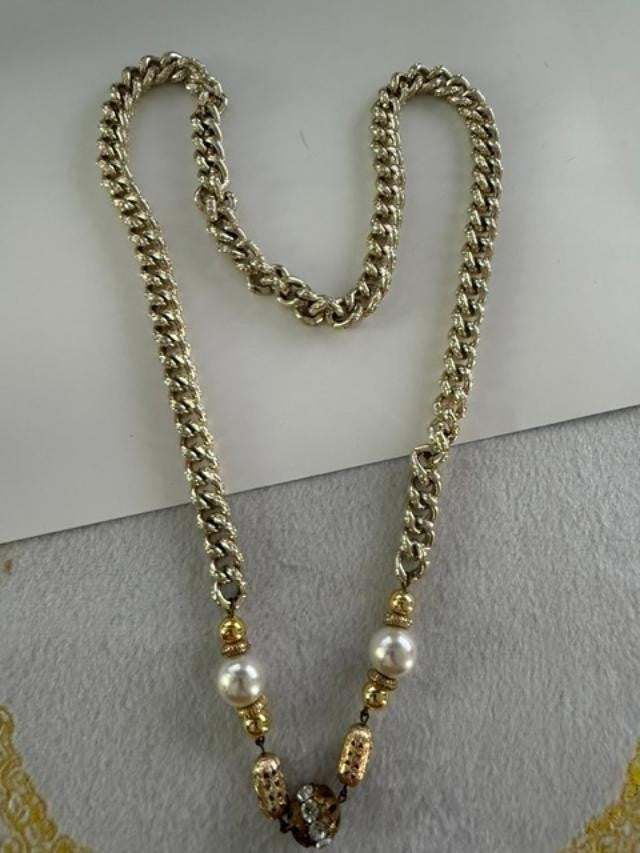 Vintage Gold Tone Curb Chain Necklace Faux Pearl Rhinestone Accent 18"