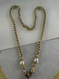 Vintage Gold Tone Curb Chain Necklace Faux Pearl Rhinestone Accent 18"