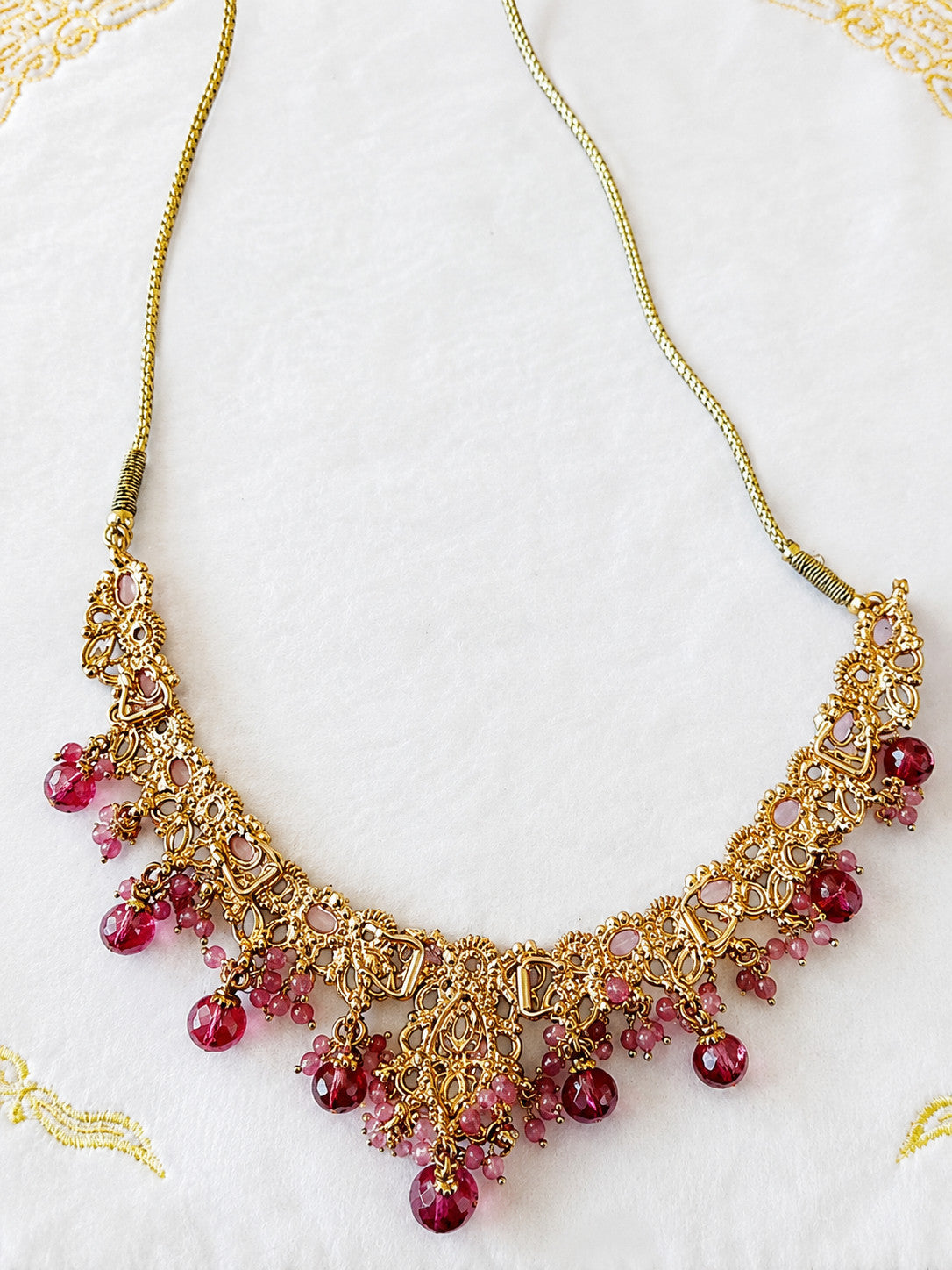 Pink Kundan Style Bib Necklace Gold Tone Beaded Drops Adjustable Tassel
