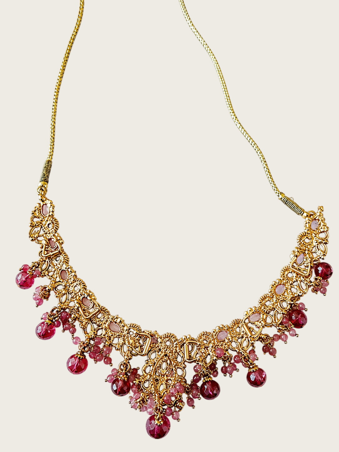 Pink Kundan Style Bib Necklace Gold Tone Beaded Drops Adjustable Tassel