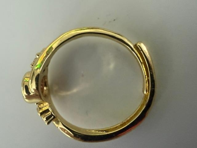 Pink Marbled Oval Cabochon Rhinestone Swirl Adjustable Ring Gold Tone Sz 6