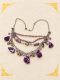 Purple Bead Owl Elephant Charm Multi Strand Necklace 18 Inch Silver Tone