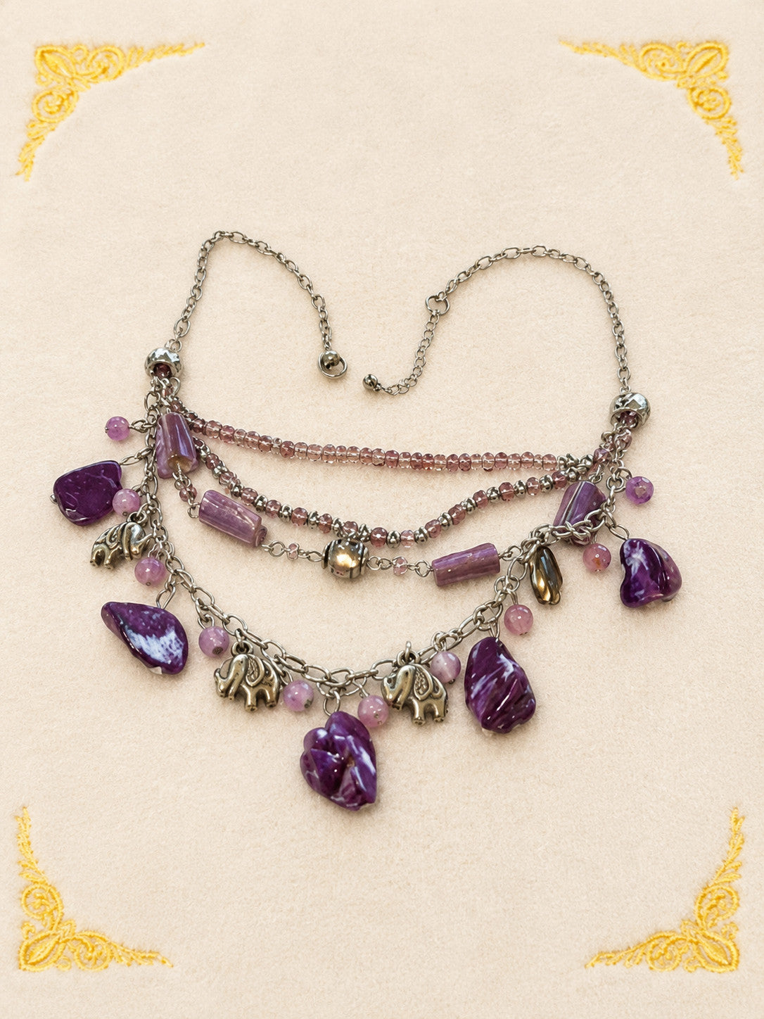 Purple Bead Owl Elephant Charm Multi Strand Necklace 18 Inch Silver Tone