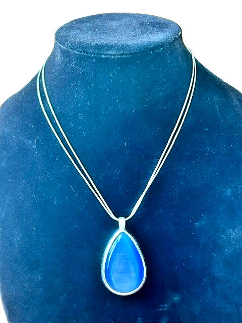 Blue Cat’s Eye Glass Teardrop Pendant Double Snake Chain Necklace 19"