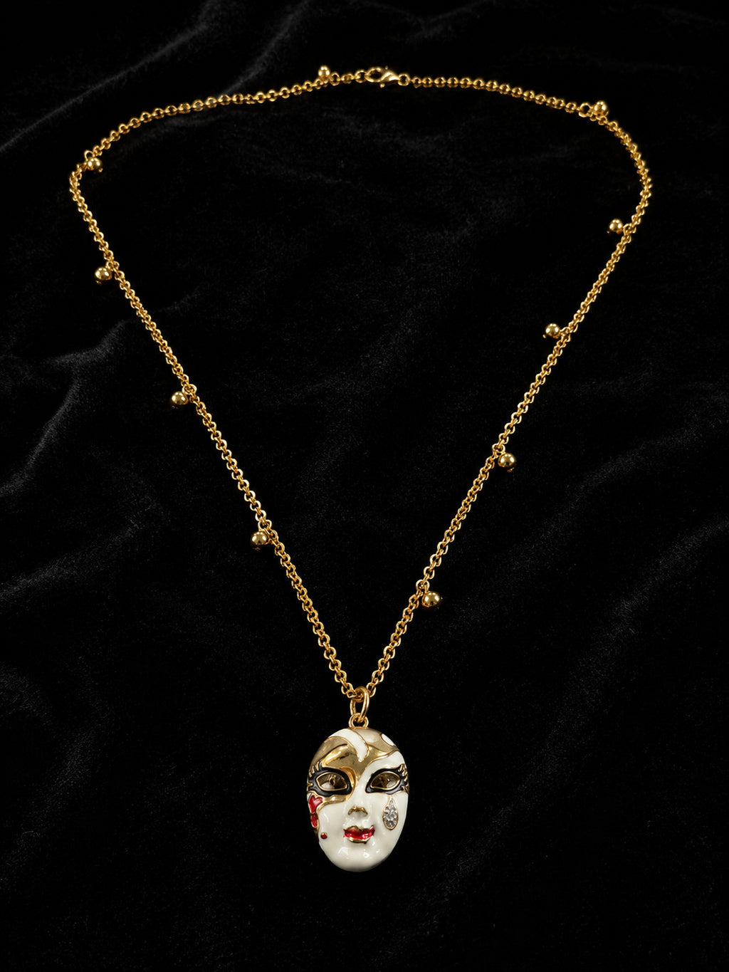 Vintage Gold Tone Venetian Masquerade Mask Pendant Necklace Enamel Rhinestone 31