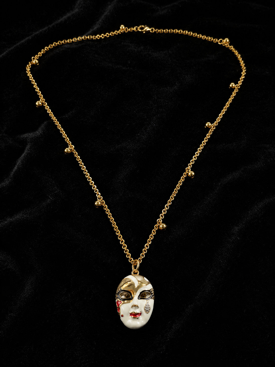 Vintage Gold Tone Venetian Masquerade Mask Pendant Necklace Enamel Rhinestone 31
